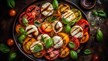 frisch Italienisch Caprese Salat mit gegrillt Ciabatta, ein gesund Vorspeise generiert durch ai foto