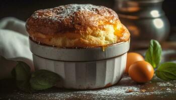 frisch gebacken hausgemacht Muffins, ein Süss Genuss auf rustikal Tabelle generiert durch ai foto