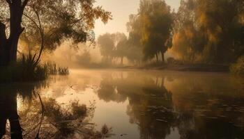 still Herbst Landschaft nebelig Teich spiegelt Gelb Blätter beim Dämmerung generiert durch ai foto