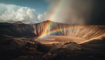 das majestätisch Berg Gipfel bricht aus mit Dampf im ein Fantasie generiert durch ai foto