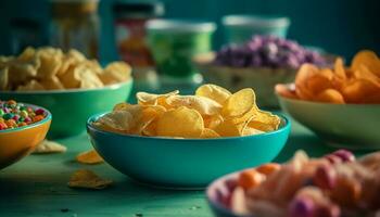 ein Gourmet Snack Schüssel mit frisch Obst und knackig Tortilla Chips generiert durch ai foto