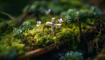 Kreuz auf Baum Ast symbolisiert Spiritualität im still Wald Umgebung generiert durch ai foto