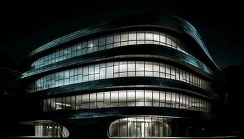 ein futuristisch Wolkenkratzer spiegelt das modern Stadt Leben beim Nacht generiert durch ai foto