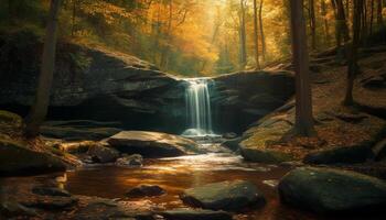 still Szene von fließend Wasser im Herbst Wald, majestätisch Schönheit generiert durch ai foto