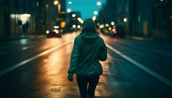 einer Person Joggen im das dunkel Stadt Straßen beim Dämmerung generiert durch ai foto