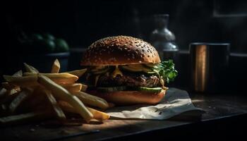 gegrillt Cheeseburger und Fritten, ein klassisch amerikanisch schnell Essen Mahlzeit generiert durch ai foto