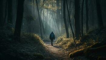 einer Person Wandern durch gespenstisch nebelig Wald generiert durch ai foto