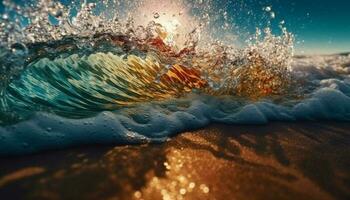 planschen Wellen reflektieren Sonnenlicht auf nass Sand generiert durch ai foto