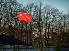 das rot Sowjet Flagge leuchtet hell im das Sonne auf das Vorort- Bereich hinter das Zaun foto