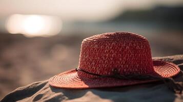 rot modisch stilvoll Panama Hut zum Reisen Strand Bokeh Hintergrund. generativ ai foto