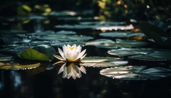 Lotus Wasser Lilie schwebend auf still Teich generiert durch ai foto