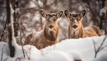 jung Hirsch suchen beim Kamera im Schnee generiert durch ai foto