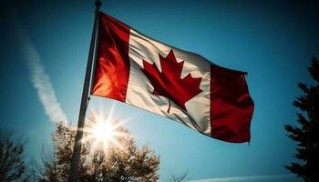 kanadisch Flagge winken im Natur Sonnenlicht majestätisch generiert durch ai foto