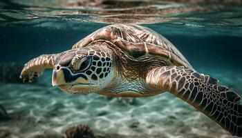 groß Grün Habichtschnabel Schildkröte Schwimmen im Riff generiert durch ai foto