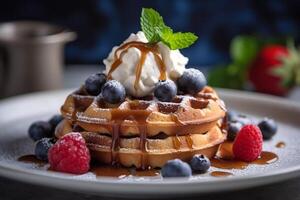 Waffeln mit Eis Sahne mit ai generiert. foto