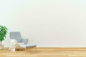 Aussicht von Leben Zimmer im minimal Stil mit entspannend Stuhl und auf laminieren Fußboden mit leeren Mauer Hintergrund foto
