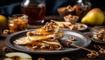 Stapel von hausgemacht Pfannkuchen mit Honig Nussbaum Sirup generiert durch ai foto