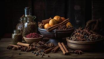 organisch Gewürze schmücken hölzern Tisch, verbessern Essen generiert durch ai foto