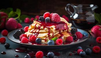 Süss Beere Pfannkuchen, nieselt im Schokolade Sirup generiert durch ai foto