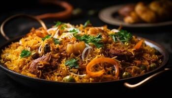 gesund Safran Reis mit frisch Meeresfrüchte Paella generiert durch ai foto