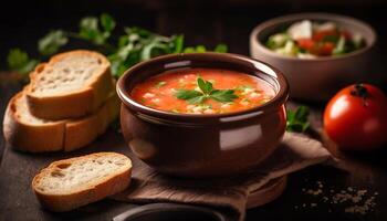 frisch Gemüse Suppe mit hausgemacht Brot Schüssel generiert durch ai foto