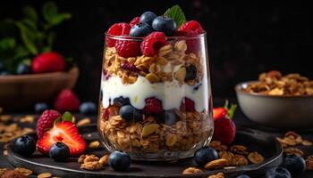 frisch organisch Beere Parfait mit Granola knirschen generiert durch ai foto