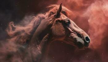 majestätisch Vollblut- Pferd galoppiert durch glühend Sommer- Wiese beim Nacht generiert durch ai foto