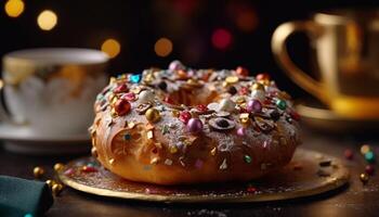 nachsichtig Dessert Tabelle mit Schokolade und Donuts generativ ai foto