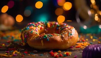 Süss Krapfen mit Schokolade Glasur und Konfetti Dekoration generativ ai foto