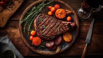 gegrillt Lendenstück Steak, frisch Tomate Scheibe, rustikal Hintergrund generiert durch ai foto