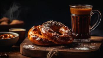 rustikal Tabelle hält nachsichtig hausgemacht Deutsche Mahlzeit generiert durch ai foto