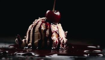 nachsichtig Schokolade Dessert mit frisch Beere Obst generativ ai foto