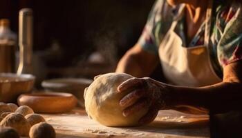 handgemacht Brot Teig geknetet auf hölzern Tabelle generativ ai foto