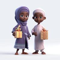 bezaubernd Disney Stil, traditionell afrikanisch Muslim Kinder Zeichen halten Geschenk Boxen. eid Mubarak Konzept, generativ ai. foto