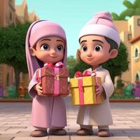 Disney Stil bezaubernd Muslim Kinder Zeichen halten Geschenk Boxen. eid Mubarak Konzept, generativ ai. foto