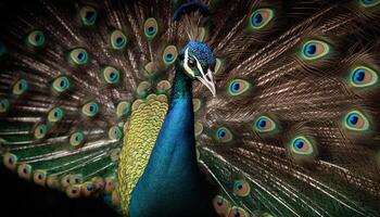 männlich Pfau Tänze mit beschwingt multi farbig Schwanz generiert durch ai foto