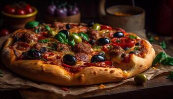 frisch gebacken Pizza auf rustikal hölzern Tabelle generiert durch ai foto