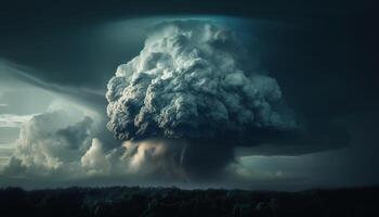 bedrohlich Sturm Wolke explodiert Über nebelig Landschaft generiert durch ai foto