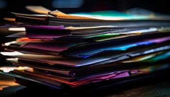 unordentlich Papierkram Haufen auf Schreibtisch Geschäft Chaos generiert durch ai foto