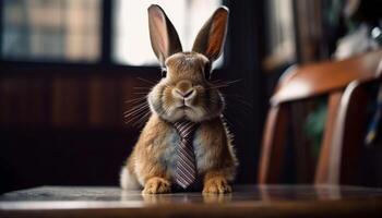 flauschige Hase sitzt charmant auf hölzern Tabelle generiert durch ai foto