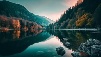 majestätisch Berg Gipfel spiegelt still Herbst Sonnenuntergang generiert durch ai foto