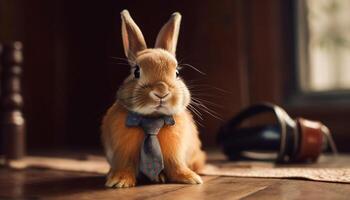 flauschige Hase Sitzung, suchen beim Kamera drinnen generiert durch ai foto