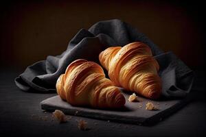 appetitlich Croissant mit Schokolade Innerhalb im ein rustikal Stil auf ein dunkel Hintergrund. generativ ai foto