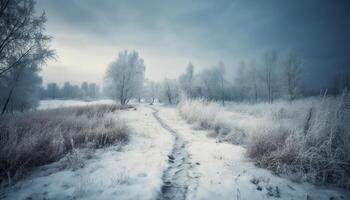 mysteriös Winter Wald, still Schönheit im Natur generiert durch ai foto