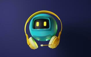 Blau Roboter mit hell Gelb Kopfhörer auf lila Hintergrund. . 3d Wiedergabe, 3d Illustration foto