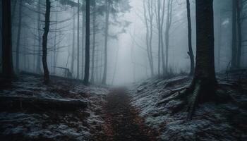 gespenstisch Herbst Wald nebelig Geheimnis umgibt Bäume generiert durch ai foto