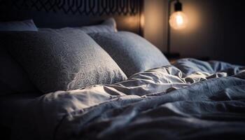 komfortabel modern Bett mit elegant Dekoration und Beleuchtung generiert durch ai foto