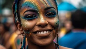 lächelnd jung Frauen genießen bunt Festival Farbe generiert durch ai foto