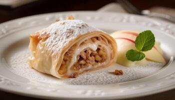 frisch gebacken Apfel Strudel auf Gourmet Teller generiert durch ai foto