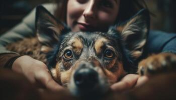 kaukasisch Frau halten süß Hündchen draußen, lächelnd generiert durch ai foto